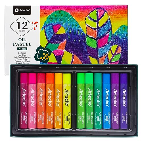 Artecho Ölpastellkreide Fluoreszierende 12er Leuchtfarbe Set, lichtechte Farben, Sanfte Berührung, Einfaches Mischen und Schattieren, Ideal für Künstler, Hobbymaler, Schule.