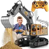 TOMOROY Fernbedienung Bagger Spielzeug 14 Kanal Fernbedienungsbagger Konstruktionsspielzeug Traktor, Simulierter Rauch, Klang, Beleuchtung, Metallgrabenkopf, RC-LKW-Geschenke für Jungen