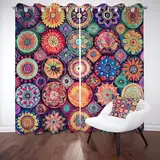 Pggong Boho Mandala Blumen Gardinen 2er Set, Ethno Bohemian Blumenmuster Vorhang mit Ösen, Verdunklungsvorhänge Exotische Floral Thermovorhang für Schlafzimmer Wohnzimmer, H175 x B70 cm