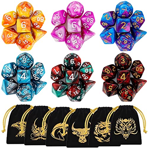 QMAY Polyedrische Würfel, 6 x 7 (42 Stück) Doppel-Farben Tisch Spiel Würfel für Dungeons and Dragons Pathfinder DND RPG MTG, 6 Set von d20, d12, 2 d10 (00-90 und 0-9), d8, d6 und d4