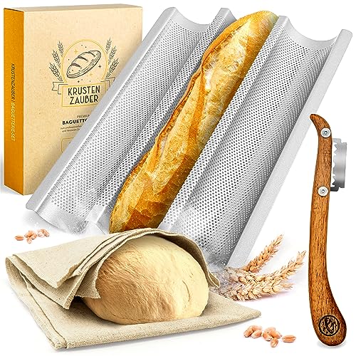 KRUSTENZAUBER Baguette Backform Antihaft inkl. Bäckerleinen u. Bäckermesser - 3er Baguette-Backblech - Ideal als Baguetteblech, Brotbackform, Baguetteform, Baguette Blech, Brot Backen Zubehör