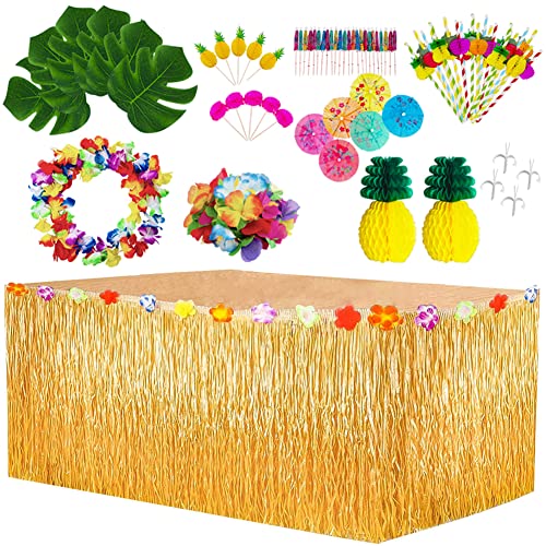 BangShou 70 Stück Hawaii Tropical Party Dekoration Set mit Hawaiian Tischrock, Luau Girlanden, Künstliche Palmblätter, Anana Deko, Rosa Vögel Deko usw. für DIY Garten Beach Partyzubehör