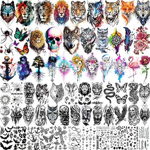 LAROI 66 Blatt Bunt Tattoos Zum Aufkleben Herren Damen Klebetattoos Erwachsene, Schwarz Löwe Tiger Wolf Temporäre Tattoos Frauen Männer, Aquarell Skelett Fake Klebe Tattoos Set Kit Mond Schlange