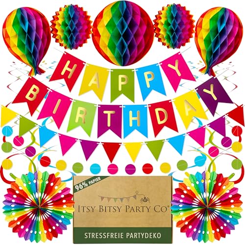 Premium Wiederverwendbare Geburtstagsdeko - Regenbogen Deko Geburtstag / Party Deko - Happy Birthday Girlande, Wimpelkette Geburtstag, Wabenbälle - Happy Birthday Deko (Regenbogen Partydeko)