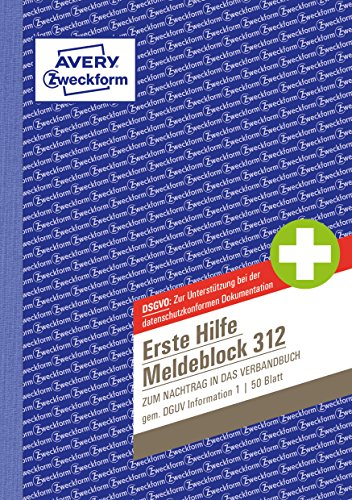 AVERY Zweckform 312 Erste Hilfe Meldeblock nach DGUV Information 204-020 (A5, 50 Originale, Verbandbuch zur Dokumentation von Unfällen/Hilfeleistungen im Betrieb, von Rechtsexperten geprüft)