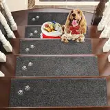 BEQHAUSE Stufenmatten Innen rutschfest 15 Stück, Maschinenwaschbare Treppenteppich Selbstklebend Stufenteppich für Kinder, Älteste und Haustiere, 100% Polyester TPE -Rücken, 22X70cm, Dunkelgrau