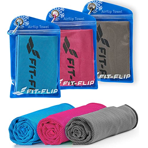 Fit-Flip Kühlhandtuch 3er Set - Cooling Towel und mikrofaser Kühltuch - kühlendes Handtuch - Airflip Towel für Fitness und Sport - Ice Towel (blau/rosa/grau, 100x30cm)