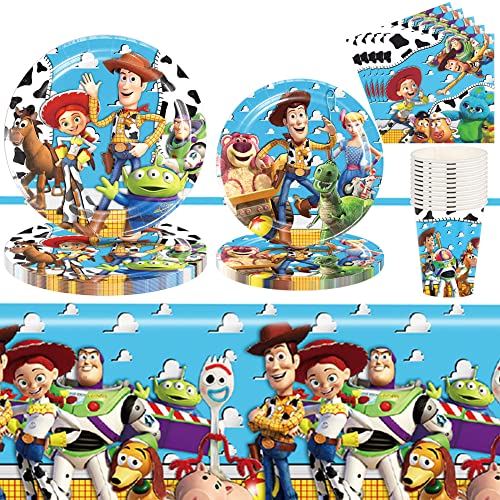 Toy Story Geburtstagsparty-Dekorationen, Spielzeuggeschichten-Partyzubehör enthält Teller, Servietten und Tassen, Tischdecke für Jungen, Kinder, Spielzeuggeschichte, Mottoparty-Geschirr-Set, 10 Gäste
