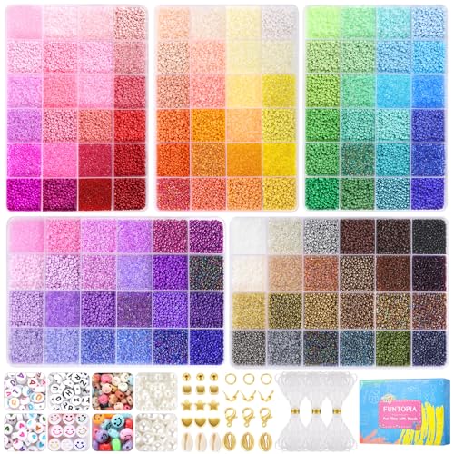 Funtopia Perlen Set 120 Farben, 2mm Perlen Zum Auffädeln, Perlen für Armbänder mit 680 A - Z Ä Ö Ü ß Buchstabenperlen, 460 Stück 14 verschiedene Perlen Charms für Mädchen