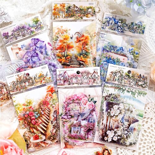 180 Blätter PET Garten Landschaft Scrapbook Papier Scrapbooking Deko Aesthetic Sticker Set Vintage Flowers Scrapbook Stickers Junk Journal Aufkleber Blumen Papers für Diy Fotoalbum Journaling Zubehör