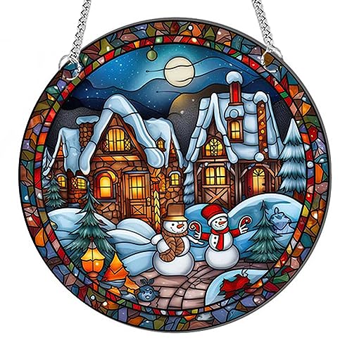 AMZLORD Fensterdekorationen Acryl Schneemann Deko Wandschmuck Metall Gebeizt Acryl Fensterbehang mit Kette und Saugnapfhaken für den Innenhof Kreative Fenster Türen Dekor (Durchmesser 30cm)