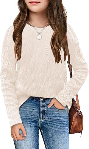 Haloumoning Mädchen Strickpullover Rundhals Gestrickt Pullover Kinder Langarm Jumper Einfarbig Herbst Winter Oberteile Knitted Sweater Beige 150