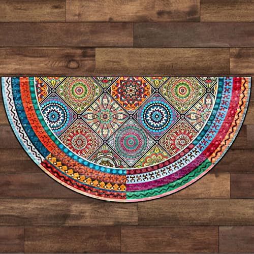 Taidianolp Halbkreis Teppich, rutschfest, waschbar, Mehrfarbiges rot blau gelb grün florales Patchwork-Muster,Teppich halbrund groß Schlafzimmer Gastzimmer,Multicoloured,90 x 180 cm