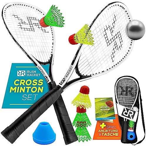 Rush Racket Set RS3 Speed Badminton Set 5-teilig (2X Schläger, 5X Federbälle, 1x Softball, 8X Feldmarkierung, 1x Tragetasche) Crossminton Set - Turbo Badminton Set - Speedbadminton Set (white)