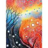 Artery8 Contemporary Aboriginal Artwork in Blue and Orange Vibrant Abstract Forest Trees and Stars Art Print Canvas Premium Wall Decor Poster Mural