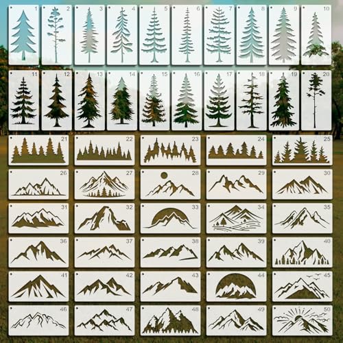 OOTSR 50 Stk Berge Kiefer Schablonen zum Basteln, 5x10cm Zeichnung Silhouette der Weihnachten DIY, Kunststoff Zeichenvorlagen für Scrapbooking Holz Ornamenten Leinwand Deko