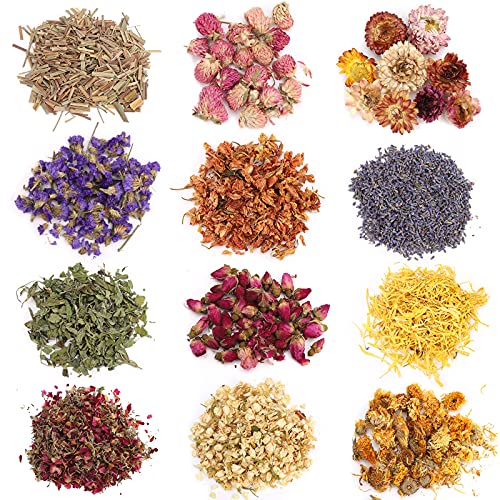Getrocknete Kräuter und Blumen 12 Arten Natürliche Getrocknete Blumen Jasmin Lavendel Vergissmeinnicht Rose Chrysantheme Zitronengras für DIY Seifenkerze Herstellung Harz Schmuck Aroma Badebomben