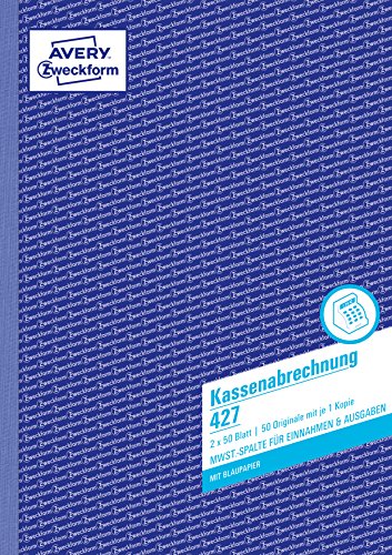 AVERY Zweckform 427 Kassenabrechnung (A4, 2x50 Blatt, 1 Blatt Blaupapier, MwSt.-Spalte für Einnahmen & Ausgaben, von Rechtsexperten geprüft, für DE/AT, zur ordnungsgemäßen Buchführung) weiß/gelb