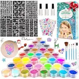 Glitzer Tattoo Set Kinder, Mädchen Temporäre Glitzertattoos Schminke, Kinder Spielzeug Geschenk- 36 Farben, 182 Schablonen, 215 Strasssteine, Ungiftig DIY Tattoo Kit für Geburtstag, Party, Ostern