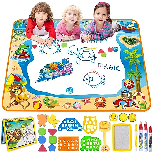 Aqua Magic Doodle Matte- Wasser Doodle Matte 100 * 70cm Kinder, Große Magic Malmatte mit Wasser buch, 4 Magic Stifte, 8 Stempelset Spielzeug ab 2 3 4 5 Jahr Mädchen Junge Geschenk