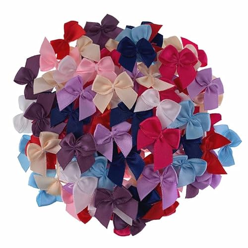 Qiantull Mini Satinschleifen 200 Stück 2cm Bunt Satinband Schleifen zum Basteln Farbe Mini Band Bowtie Schleifen für DIY Nähen Basteln Haar Bogen Hochzeit Party DekoBunt 2cm