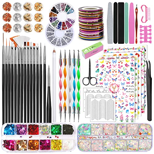 TAVADA Nail Art Pinsel und Dekorationen Set,Nail Art Dekoration Zubehör Set,15 Pcs Pinsel,5 Blätter Nagelsticker,5 Pcs Dotted Pen,Strasssteine Nägel,Ultra Dünn Nagel Pailletten für Nagelkunst Maniküre