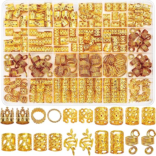 Lucomb 220 Stück Gold-Haarschmuck für Zöpfe, Loc Schmuck für Haar-Dreadlock, Haaranhänger für Frauen, Metall-Gold-Zöpfe, Ringe, Manschetten-Clips für Dreadlock-Zubehör, Haar-Zöpfe