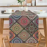 Chicamy Tischläufer Boho Vintage Leinen Tischläufer Abstrakte Ethno Doodle Tischläufer Mandala floral Handgefertigte Rechteckiger Dekorativer Tischdecke für Party Bankett Restaurant (B,33 X 183 cm)