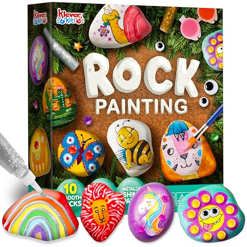 JOYIN 12 Stück Steine Bemalen Set für Kinder mit 18 Farben (Standard und Metallicfarben, Aufkleber, Glitzerkleber) Kreativ Steinmalerei, Bastelset Steine Malen Set Geschenk Mädchen 6-12 Jahren