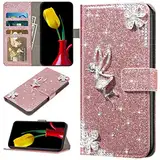 URFEDA Kompatibel mit Huawei P40 Lite E Handyhülle Leder Handytasche,Bunt Glitzer Bling Glänzend Diamant Strass Blumen Engel Muster Schutzhülle Brieftasche Klapphülle Lederhülle Flip Case,Rose Gold