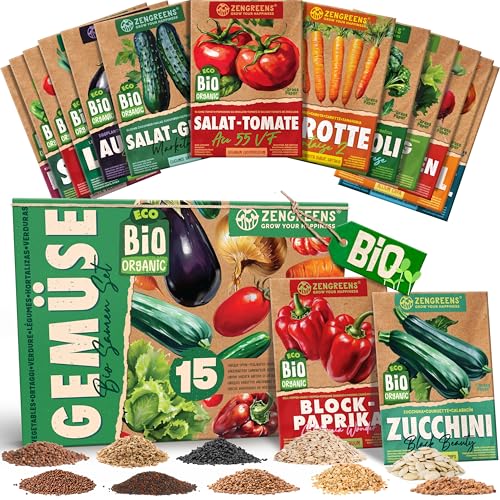 ZenGreens® - Bio Gemüsesamen Set - 15 Gemüse Samen für den einfachen Anbau im Garten, Balkon oder Hochbeet - ökologisches Saatgut - Pflanzensamen - Gemüsesamenset