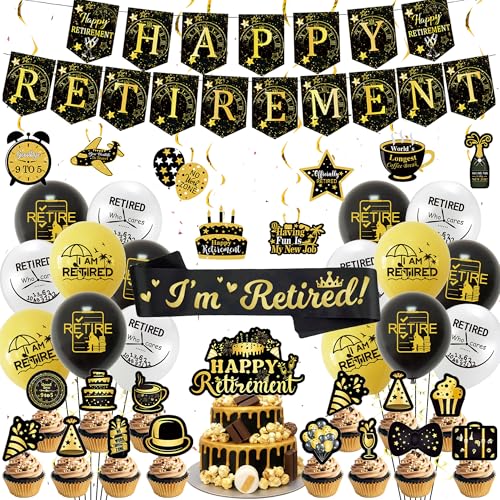 Happy Retirement Dekorationen für Männer – Schwarz Gold Abschieds-Partyzubehör Ruhestand Banner Luftballons Kuchen Topper I'm Retired Schärpe und Cupcake Topper für Frauen Männer Ausgehen Party