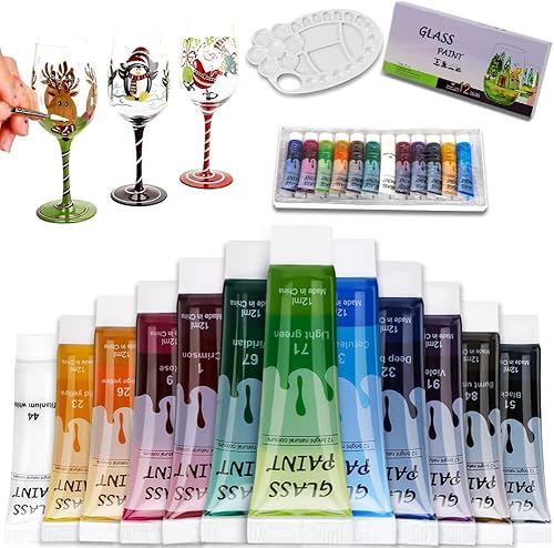 Happlee 12 Farben Glasfarben mit Palette, professionelle Glasfarbe Set, hochwertige ungiftige Acrylfarbe für Glas, Multi-Surface Satin Glas Craft Paint Set, reiches Pigment
