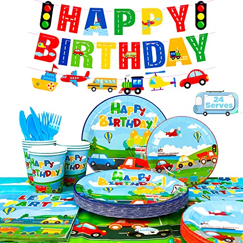 Auto Partygeschirr Kindergeburtstag Deko,190pcs Verkehr Partygeschirr Set Transport Party Banner Verkehr Geburtstag Deko Pappteller Servietten Tischdecken etc Transport Geburtstagsparty Zubehör