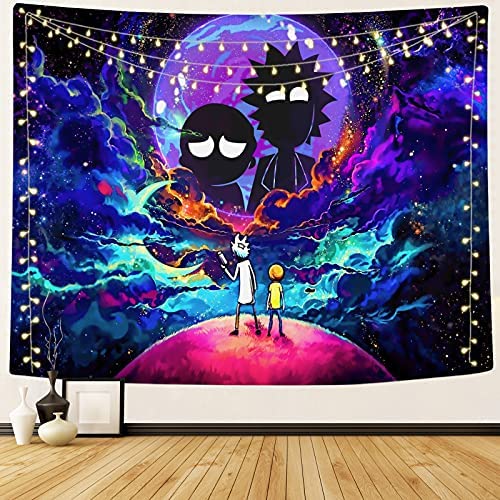 Rick Morty Wandteppich Wandbehang Tapisserie Vintage Bücherregal Wandtuch Gobelin Tapestry Goa Indien Hippie-/ Boho Stil als Dekotuch/Tagesdecke indisch orientalisch Psychedelic (200 x 150 cm)