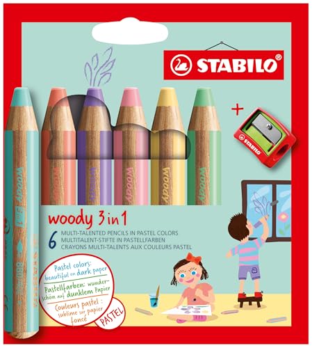 STABILO - Buntstift, Wasserfarbe & Wachsmalkreide - woody 3 in 1-6er Pack mit Spitzer - mit 6 verschiedenen Pastellfarben