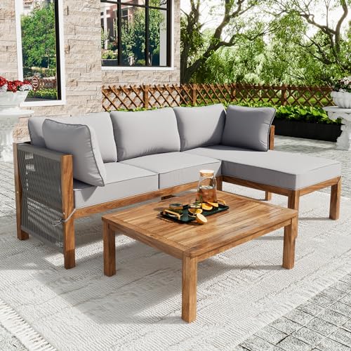 Gegtuon Gartenmöbel Sitzgruppe für Garten für 3-4 Personen, Outdoor Lounge BalkonMöbel Sofa Essgruppe mit Tisch & Kissen für Balkon, Gartenlounge Ecksofa Möbel mit Couchtisch, Gartenmöbel-Set, Grau