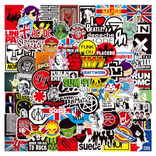 100 Stück Rock Band Punk Aufkleber, Classic Rock Sticker Pack für Erwachsene Cool Metal Punk Musik Aufkleber für Gitarre Laptop Skateboard (ROCK2)