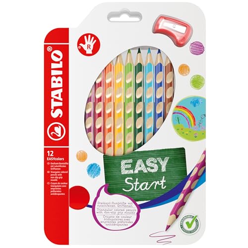 STABILO - Ergonomischer Buntstift für Rechtshänder - EASYcolors - 12er Pack mit Spitzer - mit 12 verschiedenen Farben