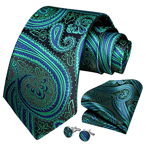 HISDERN Herren Krawatten-Set Seiden Paisley-Krawatte und Einstecktuch Krawatten-Set mit Einstecktuch-Manschettenknopf für das Hochzeitsgeschäft