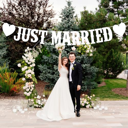 JUST Married Girlande,Weiß Hochzeitsgirlande,Just Married Hochzeit Banner, Wimpelkette Hochzeit Banner für Auto, Hochzeitszeremonie, Brautdusche