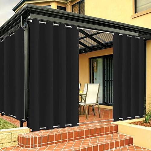 Outdoor Vorhang Wetterfest mit Ösen Oben und Unten, Outdoor Vorhänge Sonnenschutz Wasserdicht Blickdicht Gardinen für Pavillon, Benutzerdefinierte Größe -1 Stück, Schwarz, B264xH259cm