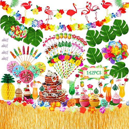 BARAKYEG 142 Stück Hawaii Party Dekoration Set,Hawaii Luau Tischröcke,Hawaii Deko,Banner,Blüten,Künstliche Palmenblätter,Hawaiian Party,Kuchendeckel und Papier Strohhalme für BBQ Tropischen Garten