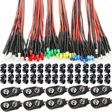 RUNCCI-YUN 60Pcs 3mm Leds mit 20cm Kabel, DC 12V , Vorverdrahtete -Dioden Licht (Rot, Gelb, GRÜN, Weiß, Warmweiß, Blau) + Montageringe Plastik+9V Batterieklemme