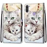 Nadoli Handyhülle Leder für Samsung Galaxy A11/M11,Bunt Bemalt Niedlich Katze Trageschlaufe Kartenfach Magnet Ständer Schutzhülle Brieftasche Ledertasche Tasche Etui