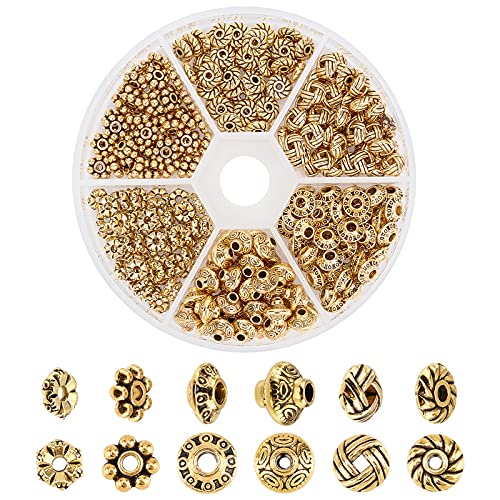 PandaHall 1Box Über 300pcs Antique Golden Tibetischen Stil Spacer Perlen Schmuckzubehör Zubehör für Armband Halskette Schmuckherstellung (5.5~6.5x2~7.5mm, Bohrung: 1~2mm)