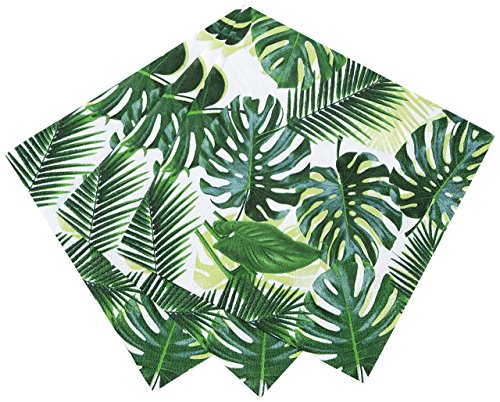 Packung mit 20 tropischen Servietten | Grüne Papierservietten mit Palmblatt-Design | Einweggeschirr für Kinderparty, Safariparty, Dschungel, Dinosaurier, Sommer, hawaiianisches Thema