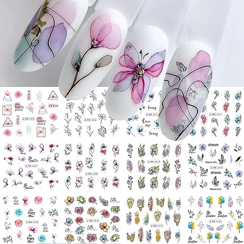 Ruzister® 12 Stück Geometrie-Linien-Blume-Blatt-Nagelkunst-Aufkleber, Wassertransfer-Nagelaufkleber, Graffiti, bemalt, bunte Schieber-Aufkleber Dekoration Nageldesign
