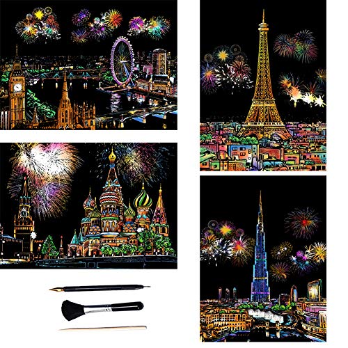 ShipeeKin 4X Kratzbilder, 290x210 MM Sehenswürdigkeiten Wandbild, Beschichtete Bunte Kratzpapier mit Werkzeug Set (Fireworks City)