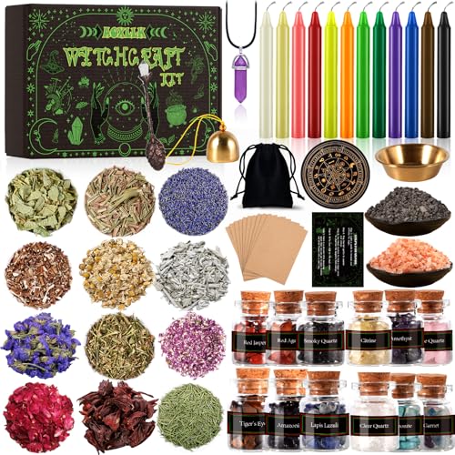 MUOIVG XL Starter Witch Kit Witchcraft Kit, Kerzen Kleine,Trockenblumen,Kristallen,Messlöffel,Pergamentpapier,Getrommelte Edelstein-Kristallchips für Chimes,Magie,Hexerei,wünsch dir was,Rituale